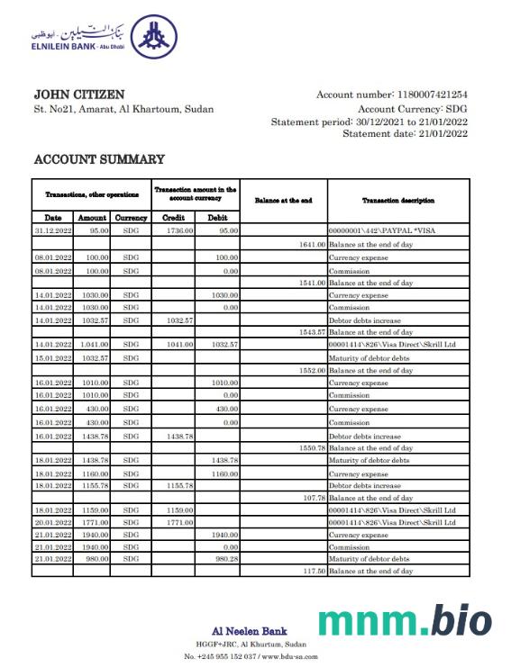 Sudan Agricultural Bank Of Sudan wzór wyciągu bankowego w formacie Word i PDF